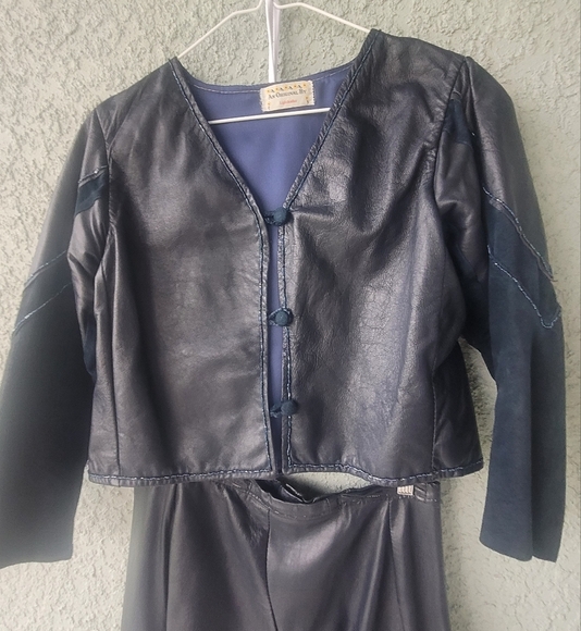 Vintage Black and Navy Leather Jacket and Skirt Set - Picture 3 of 13
